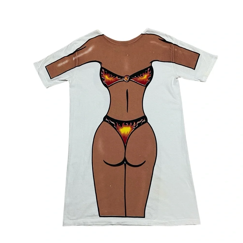 Vintage 90s Streetwear Distressed Flame Bikini Beach T-Shirt Women's Swim Dress